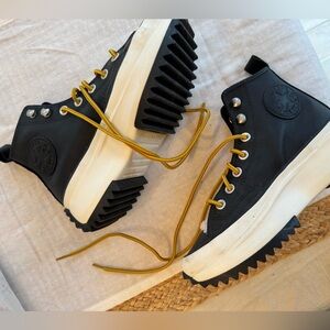 Converse Black and White High-Top Sneakers with Yellow Laces